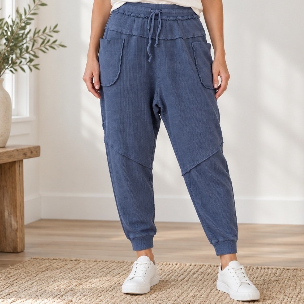 Earthbound L Joggers Blue Waffle Knit Raw Edge Boho Thermal Lounge Pants Harem